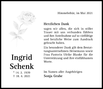 Traueranzeige von Ingrid Schenk von Hildesheimer Allgemeine Zeitung