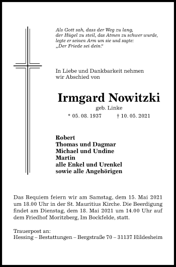 Traueranzeige von Irmgard Nowitzki von Hildesheimer Allgemeine Zeitung