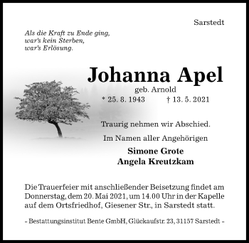 Traueranzeige von Johanna Apel von Hildesheimer Allgemeine Zeitung