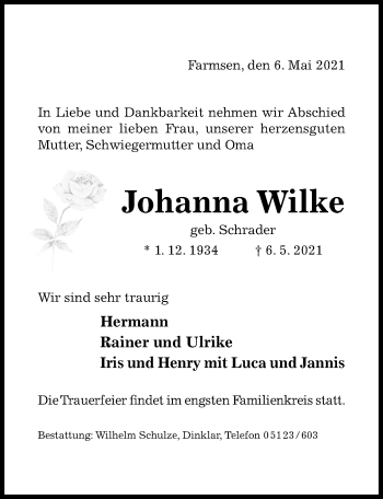 Traueranzeige von Johanna Wilke von Hildesheimer Allgemeine Zeitung