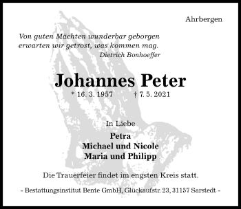 Traueranzeige von Johannes Peter von Hildesheimer Allgemeine Zeitung
