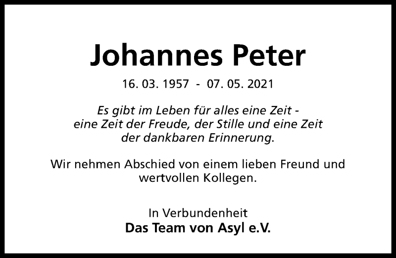 Traueranzeige für Johannes Peter vom 12.05.2021 aus Hildesheimer Allgemeine Zeitung