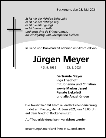 Traueranzeige von Jürgen Meyer von Hildesheimer Allgemeine Zeitung