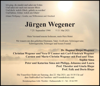 Traueranzeige von Jürgen Wegener von Hildesheimer Allgemeine Zeitung