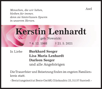 Traueranzeige von Kerstin Lenhardt von Hildesheimer Allgemeine Zeitung