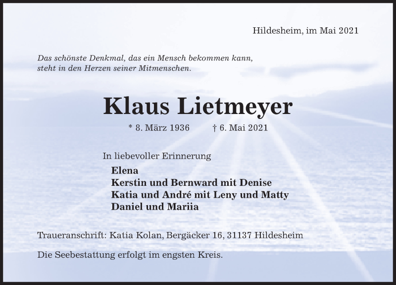  Traueranzeige für Klaus Lietmeyer vom 12.05.2021 aus Hildesheimer Allgemeine Zeitung