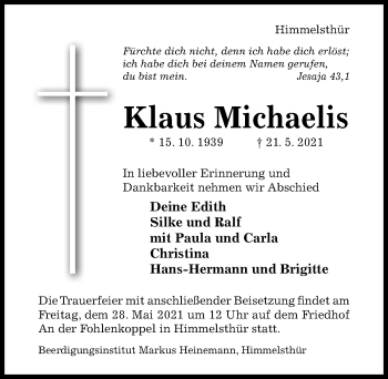 Traueranzeige von Klaus Michaelis von Hildesheimer Allgemeine Zeitung