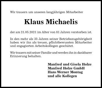 Traueranzeige von Klaus Michaelis von Hildesheimer Allgemeine Zeitung