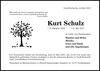 Traueranzeige von Kurt Schulz von Hildesheimer Allgemeine Zeitung