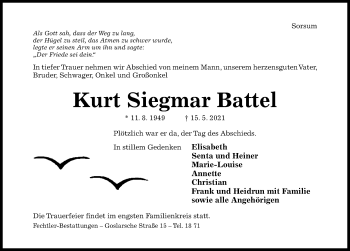 Traueranzeige von Kurt Siegmar Battel von Hildesheimer Allgemeine Zeitung