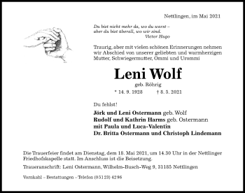 Traueranzeige von Leni Wolf von Hildesheimer Allgemeine Zeitung