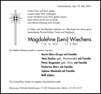 Traueranzeige von Magdalehne Wiechens von Hildesheimer Allgemeine Zeitung