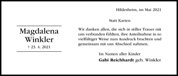 Traueranzeige von Magdalena Winkler von Hildesheimer Allgemeine Zeitung