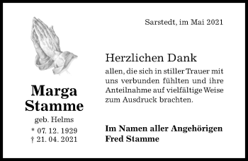 Traueranzeige von Marga Stamme von Hildesheimer Allgemeine Zeitung