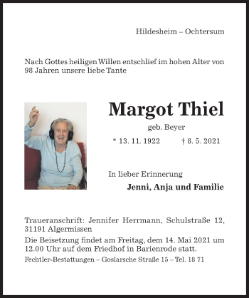 Traueranzeige von Margot Thiel von Hildesheimer Allgemeine Zeitung