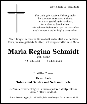 Traueranzeige von Maria Regina Schmidt von Hildesheimer Allgemeine Zeitung