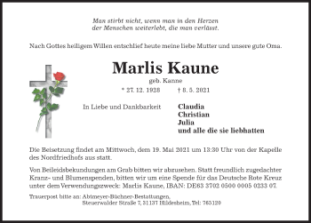 Traueranzeige von Marlis Kaune von Hildesheimer Allgemeine Zeitung
