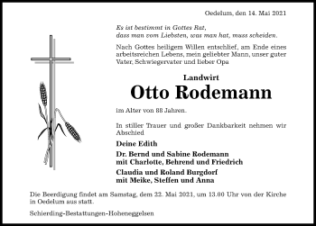 Traueranzeige von Otto Rodemann von Hildesheimer Allgemeine Zeitung