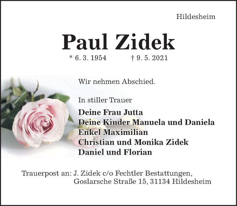  Traueranzeige für Paul Zidek vom 15.05.2021 aus Hildesheimer Allgemeine Zeitung