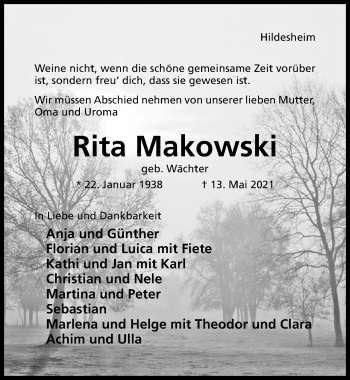 Traueranzeige von Rita Makowski von Hildesheimer Allgemeine Zeitung