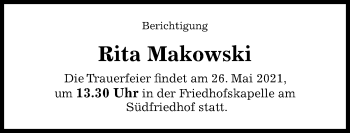 Traueranzeige von Rita Makowski von Hildesheimer Allgemeine Zeitung