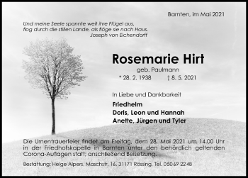 Traueranzeige von Rosemarie Hirt von Hildesheimer Allgemeine Zeitung