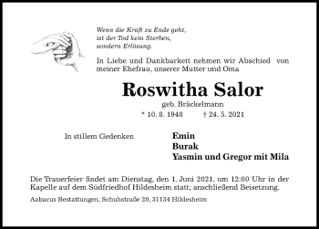 Traueranzeige von Roswitha Salor von Hildesheimer Allgemeine Zeitung