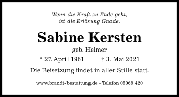 Traueranzeige von Sabine Kersten von Hildesheimer Allgemeine Zeitung
