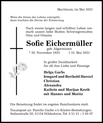 Traueranzeige von Sofie Eichermüller von Hildesheimer Allgemeine Zeitung