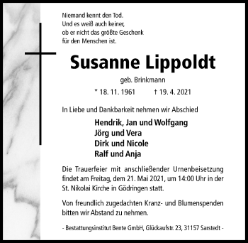 Traueranzeige von Susanne Lippoldt von Hildesheimer Allgemeine Zeitung