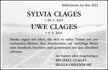 Traueranzeige von Sylvia Clages von Hildesheimer Allgemeine Zeitung