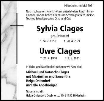 Traueranzeige von Sylvia Clages von Hildesheimer Allgemeine Zeitung