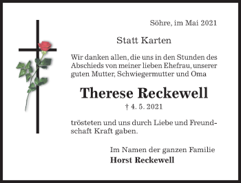 Traueranzeige von Therese Reckewell von Hildesheimer Allgemeine Zeitung