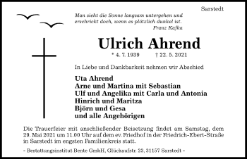 Traueranzeige von Ulrich Ahrend von Hildesheimer Allgemeine Zeitung