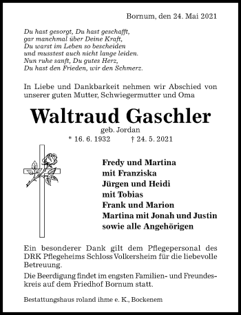 Traueranzeige von Waltraud Gaschler von Hildesheimer Allgemeine Zeitung