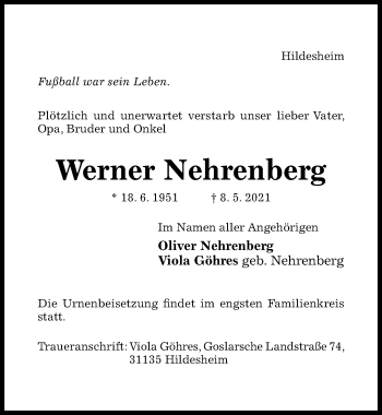 Traueranzeige von Werner Nehrenberg von Hildesheimer Allgemeine Zeitung