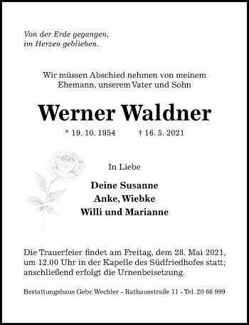 Traueranzeige von Werner Waldner von Hildesheimer Allgemeine Zeitung
