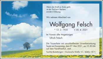 Traueranzeige von Wolfgang Felsch von Hildesheimer Allgemeine Zeitung