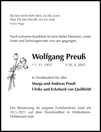 Traueranzeige von Wolfgang Preuß von Hildesheimer Allgemeine Zeitung