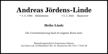 Traueranzeige von Andreas Jördens-Linde von Hildesheimer Allgemeine Zeitung