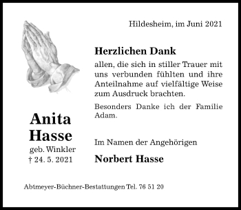 Traueranzeige von Anita Hasse von Hildesheimer Allgemeine Zeitung