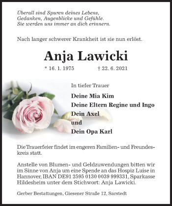 Traueranzeige von Anja Lawicki von Hildesheimer Allgemeine Zeitung