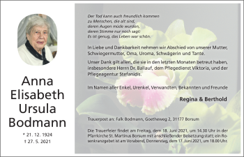 Traueranzeige von Anna Elisabeth Ursula Bodmann von Hildesheimer Allgemeine Zeitung