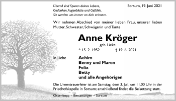 Traueranzeige von Anne Kröger von Hildesheimer Allgemeine Zeitung