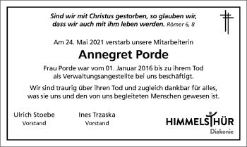 Traueranzeige von Annegret Porde von Hildesheimer Allgemeine Zeitung