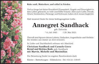 Traueranzeige von Annegret Sandhack von Hildesheimer Allgemeine Zeitung