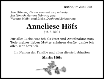 Traueranzeige von Anneliese Höfs von Hildesheimer Allgemeine Zeitung