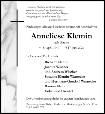 Traueranzeige von Anneliese Klemin von Hildesheimer Allgemeine Zeitung