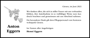 Traueranzeige von Anton Eggers von Hildesheimer Allgemeine Zeitung