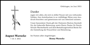 Traueranzeige von August Warneke von Hildesheimer Allgemeine Zeitung